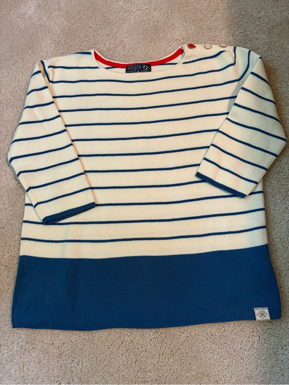 Joules Cream & Blue Striped Knit Top with Button Shoulder